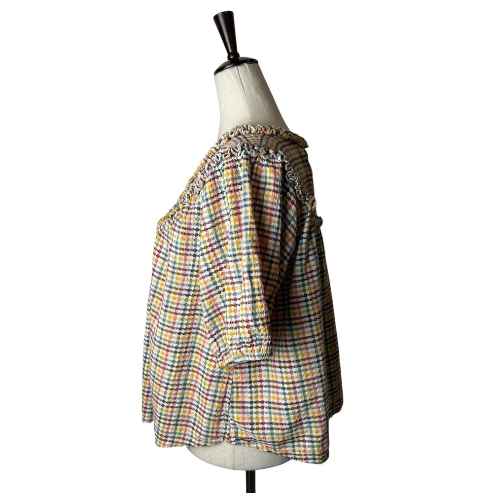 Old Navy Ruffle Dobby Gingham Top Women Medium White Cotton Puff Sleeve Cotton